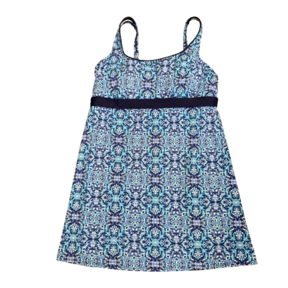 Lands End Underwire Dresskini Swim Dress Blue Medallion Print Vacay Plus Size 14